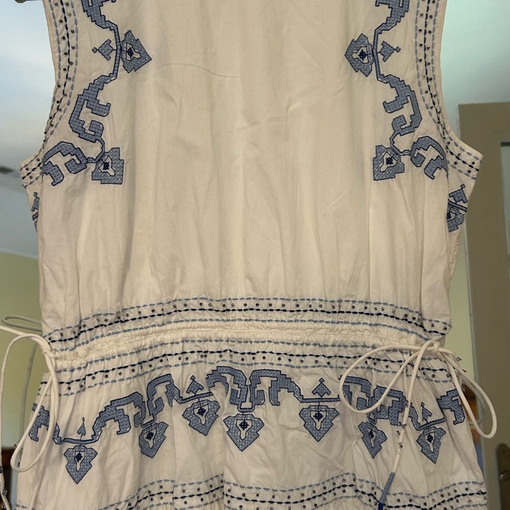 Zara White Midi Dress with Blue Embroidered Trim - Picture 3 of 9